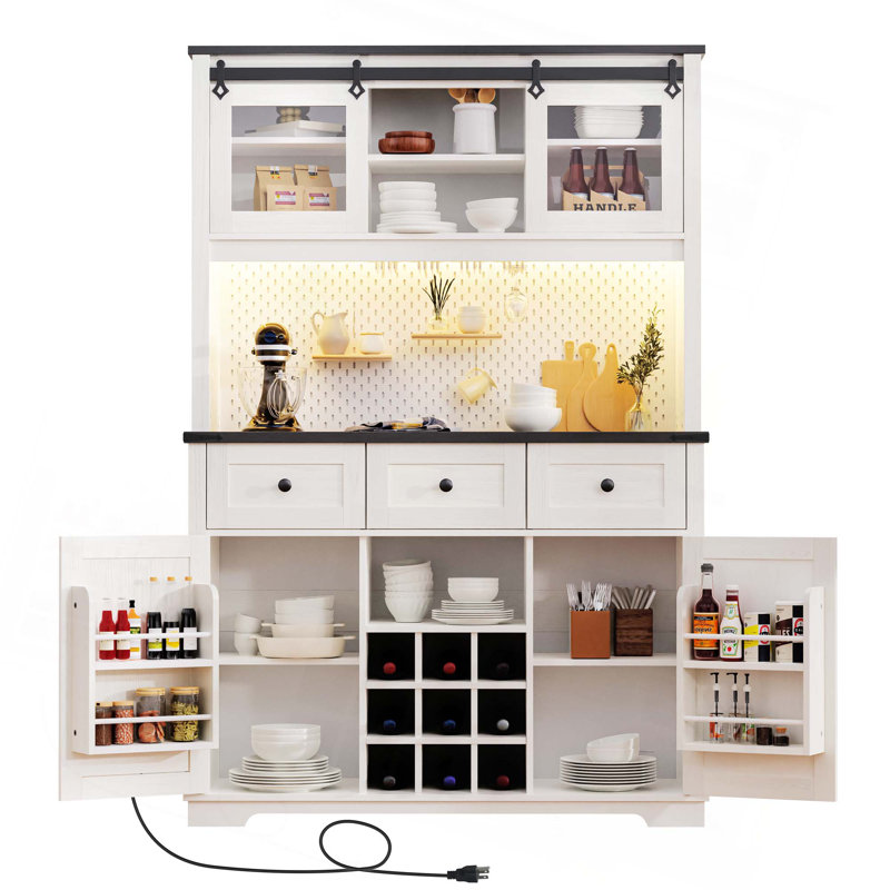 71" Farmhosue Pantry Bar Cabinet With Internal Storage Rack,Kitchen Cabinet With Hutch,Sliding Door,Power Outlet,Pegboard,Wine & Glasses Rack,3 Drawers,Rustic Coffee Bar Storage Cabinet