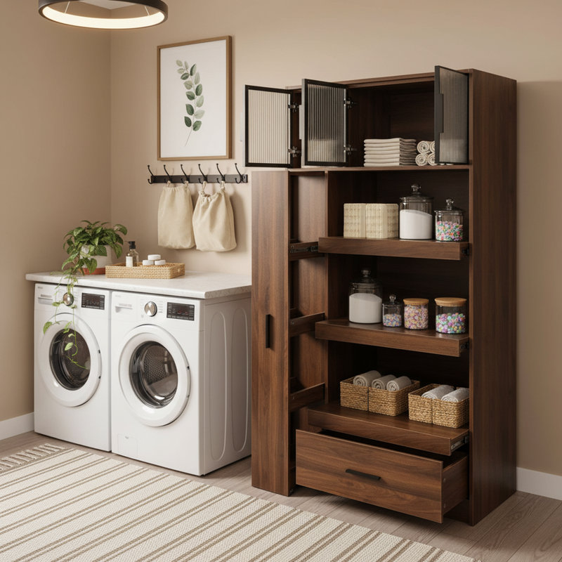 Expandable Garage Storage Cabinet with Pull-Out Organizer & Multi-Shelf Design – Walnut/White Utility Cabinet