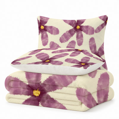 Premium Flannel Lightweight Blanket & 2 Pillow Shams Set with Soft Watercolor Purple Flowers & Yellow Centers, Ultra-Soft & Warm Cozy Bedding Set for All-Season, 60" x 80" Blanket + 2 Pillowcases Anti-Pilling & Machine Washable(Set of 3)