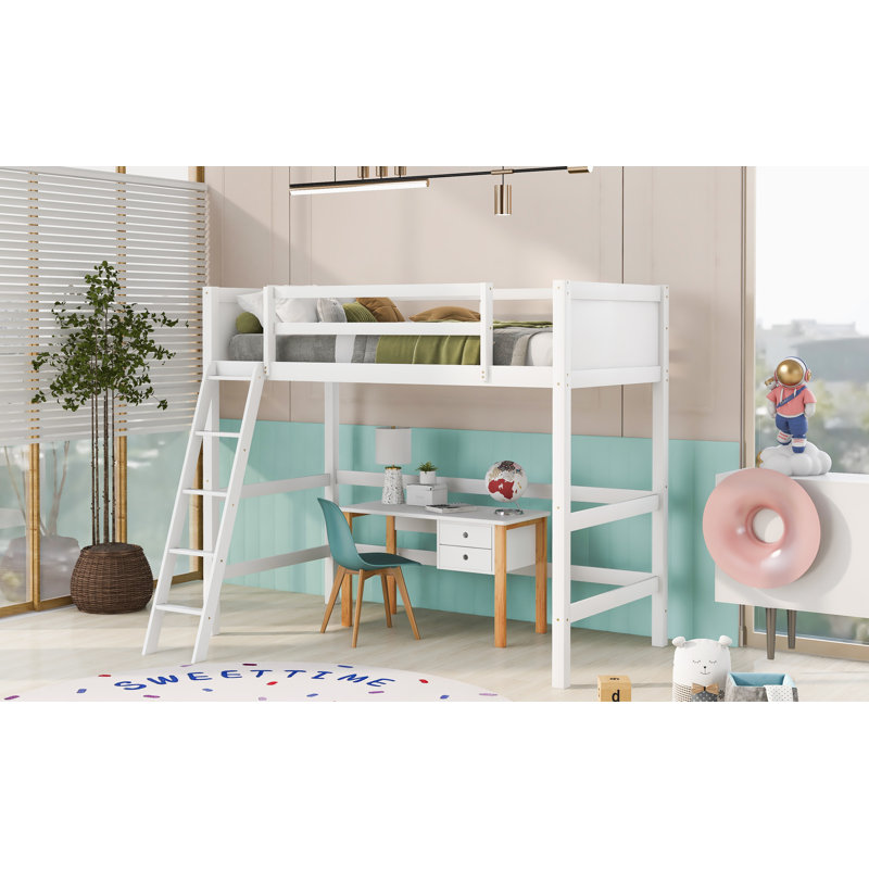 Lit mezzanine simple en bois massif avec échelle