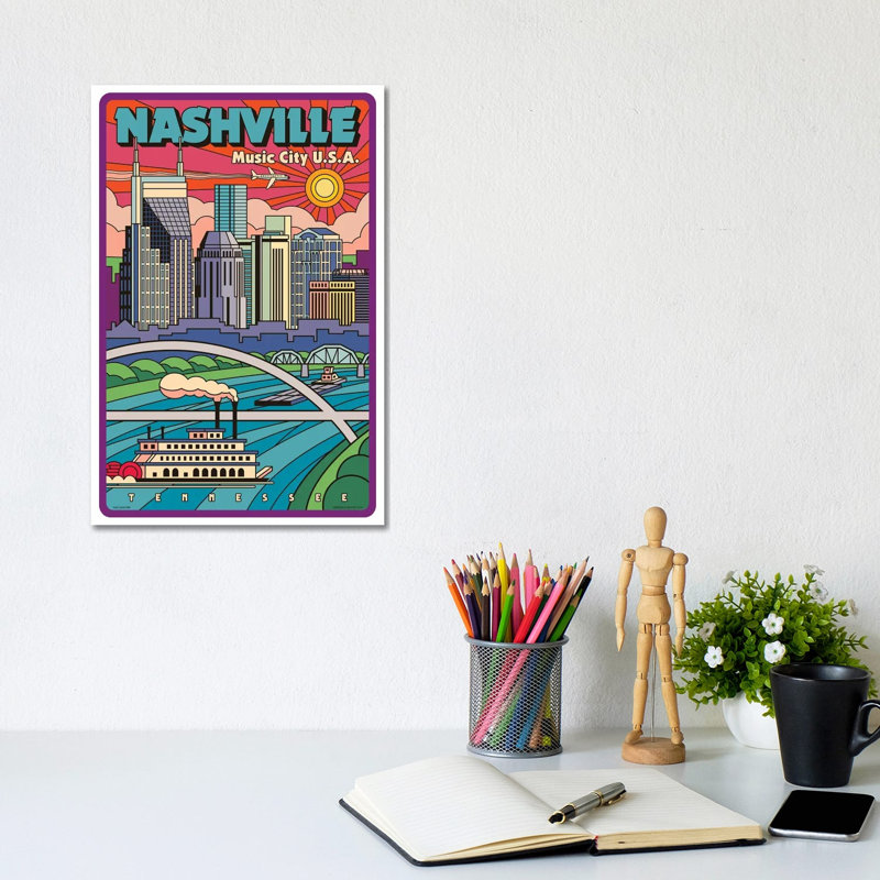 Nashville Pop Art Travel Poster New by Jim Zahniser - Wrapped Canvas Print, 20.32 cm H x 30.48 cm W
