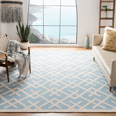 Tapis géométrique en laine / coton tissé à la main Fung en bleu clair / ivoire