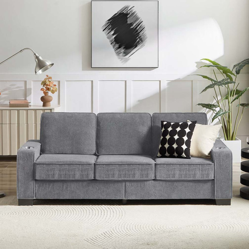 Corduroy Fabric 3-Seater Sofa, Gray