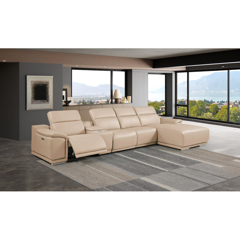 Canapé modulaire en L en cuir véritable 5 pièces BEIGE faisant face à la gauche avec 1 fauteuil inclinable électrique et appuie-têtes réglables