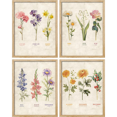 " Vintage Floral Birth Month Botanical S Antique Flower " 4 - Pieces