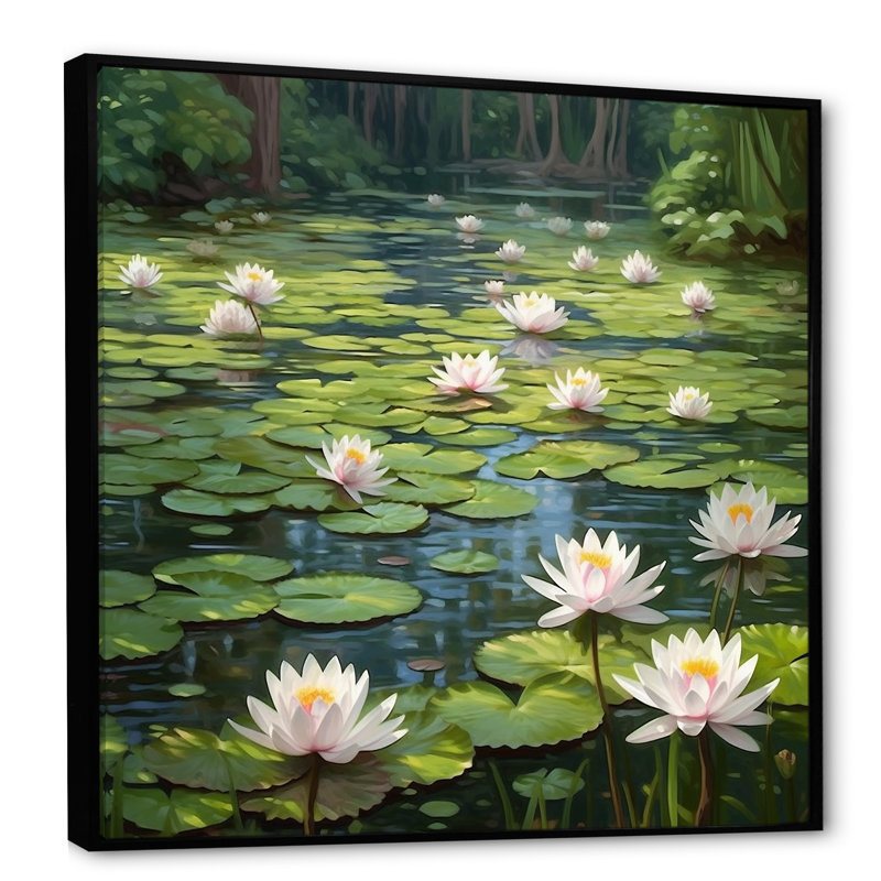 Magical Lotus Lily Pad Pond - Impression sur toile encadrée Lotus, H 24 po x l 24 po x P 1 po, Cadre flottant noir
