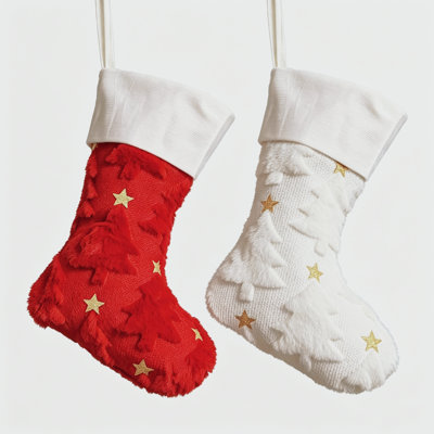 Five Star Christmas Socks, Embroidered Plush Decorative Socks, European American Xmas Hanging Stockings, White+Red Holiday Ornaments for Home Fireplace Decor(2 sets)