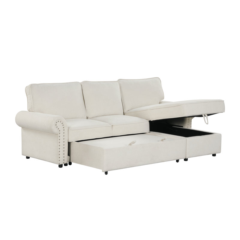 U_STYLE Canapé-lit modulaire convertible de 95 po avec méridienne de rangement, dossier escamotable avec 2 porte-gobelets, accoudoirs arqués avec garniture cloutée, tissu en polyester tricoté Warp, structure en bois d'acacia