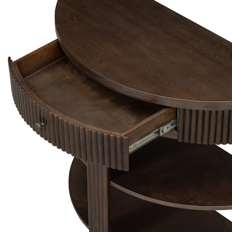Console cannelée demi-lune avec tiroir et 2 tablettes pour le hall d'entrée, le salon et le couloir, Espresso