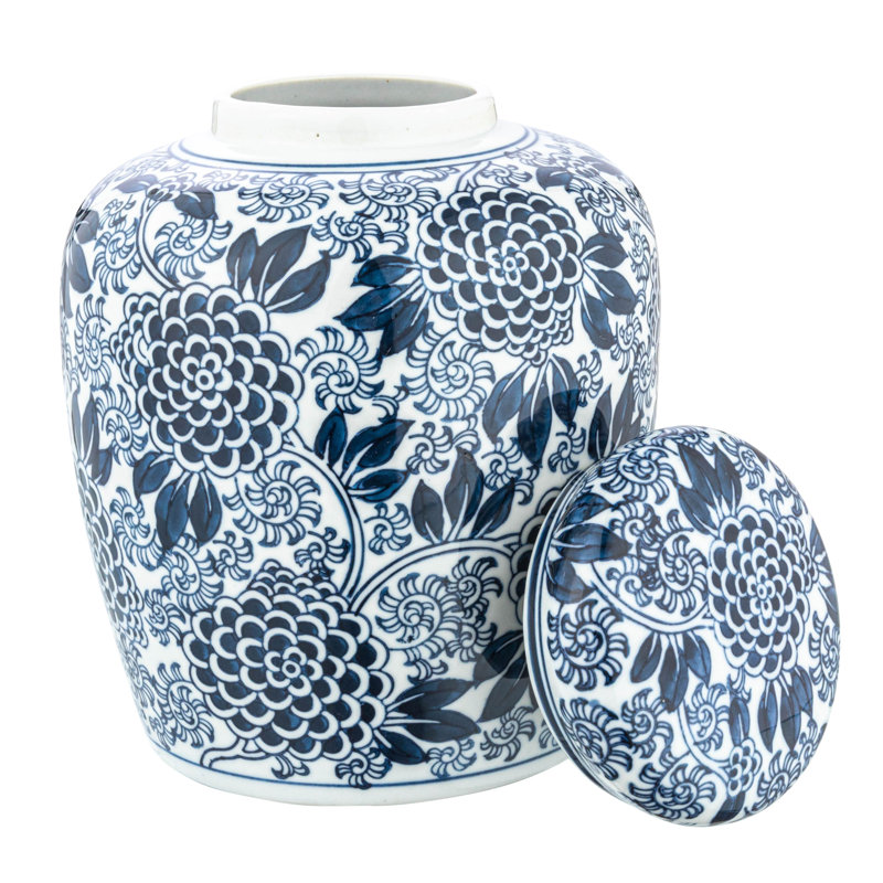 Pot décoratif gingembre en céramique avec couvercle, 8.25'' H x 6.25'' W x 6.25'' D, Navy Blue