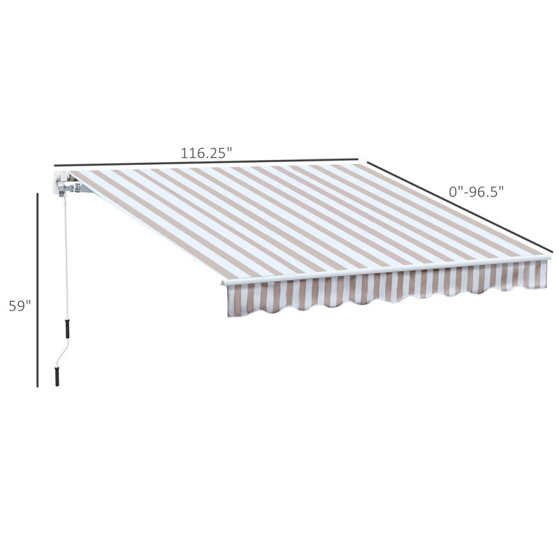 Auvent de patio 10 pi x 8 pi - Parasol et résistance à l'eau, manivelle manuelle, structure en aluminium, motif rayé beige avec manivelle, pour différentes surfaces