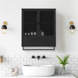 23.62"Glass Doors Modern Two-Door Wall Cabinet With Featuring Two-Tier Enclosed Storage, An Open Shelf, And Towel Rack, For Entryway Living Room Bathroom Dining Room