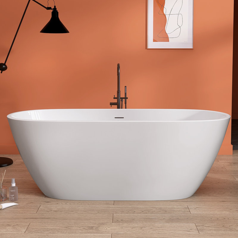 65" x 30" Freestanding Soaking Acrylic Bathtub Adjustable Soaking Bath Tub Oval Shape, Matte White