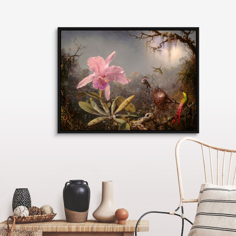 " Cattleya Orchid And Three Hummingbirds, 1871 " by Martin Johnson Heade, 32" H x 42" W x 1.75" D, Black Framed