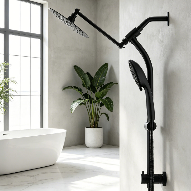 Pomme de douche à pluie ronde 8 pouces, douchette à main haute pression avec barre coulissante sans perçage, bras d'extension réglable, inverseur à 3 voies et boyau de 5 pieds, noir mat, valve non incluse