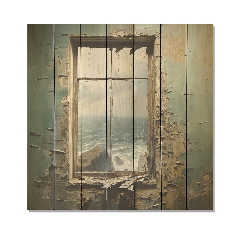 Cliffside Window View Gaze - Coastal Windows On Wood Print, 15" H x 15" W