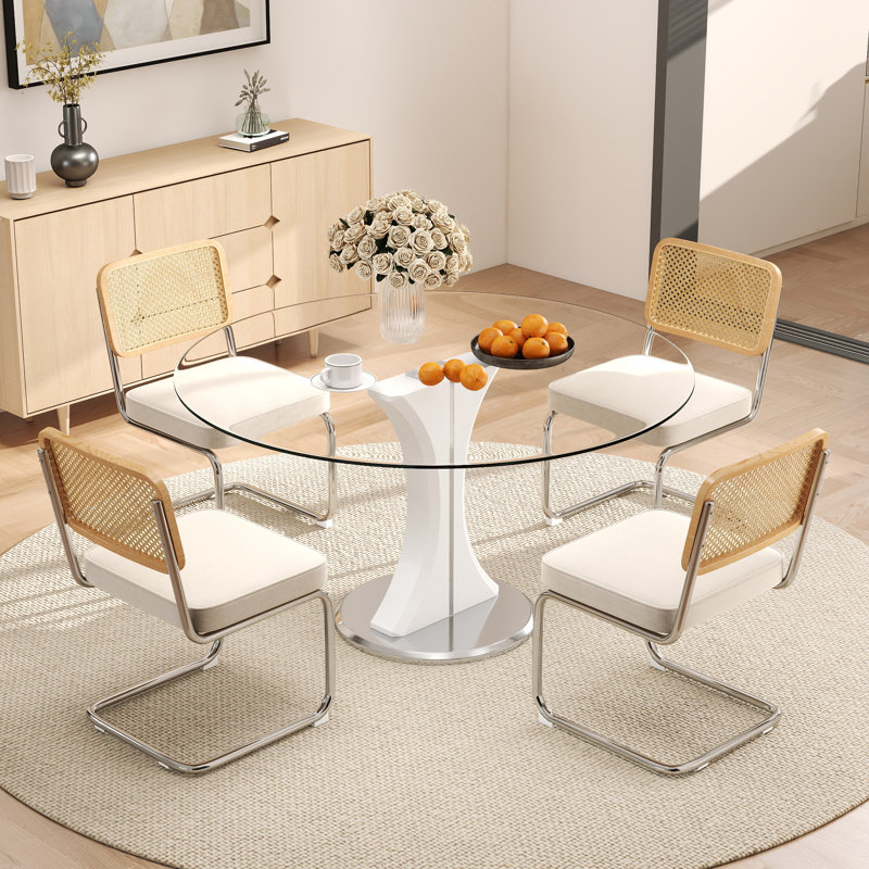 Ensemble de table de salle à manger haute brillance avec chaises en velours, Blanc / argenté, 5 Pieces: Table, 4 Chairs