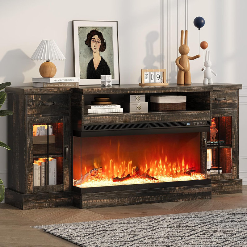Fireplace TV Stand With Glass Doors, Fireplace TV Stand With 40" Electric Fireplace For 80" TV, 70" Entertainment Center With Adjustable Storage Cabinets, LED Lights, TV Stands For Living Room