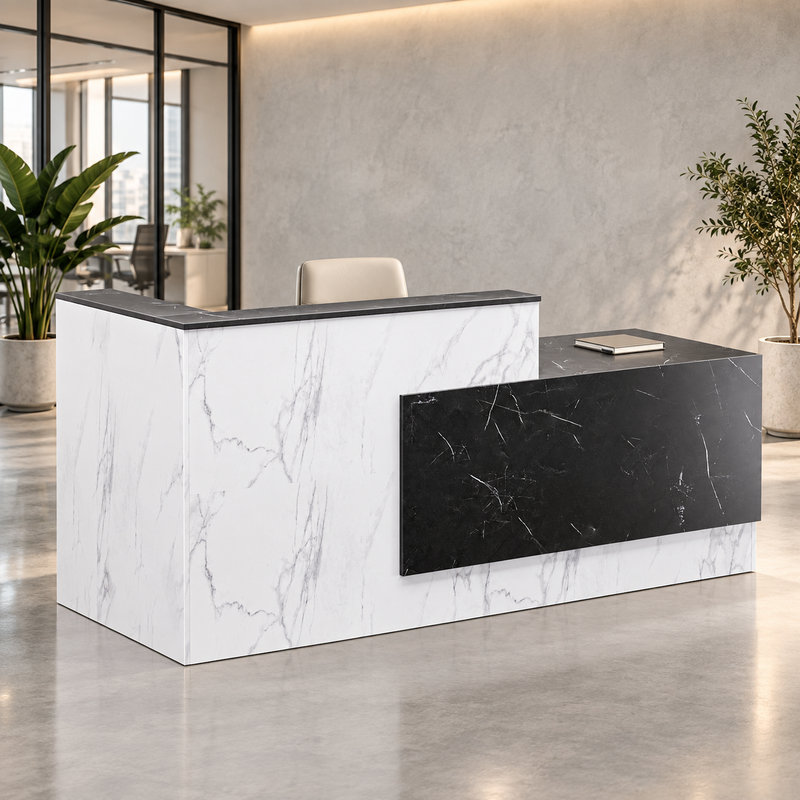 Bureau d'accueil noir et blanc avec comptoir surélevé, Oui