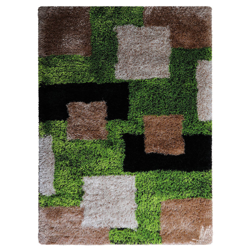 Heller HAND TUFTED SHAG POLYESTER ECO-FRIENDLY AREA RUGS  - Rectangle | Green Beige | Geometric Modern | High Pile | Thick Handmade | Anti Skid | Rugs for Living Room