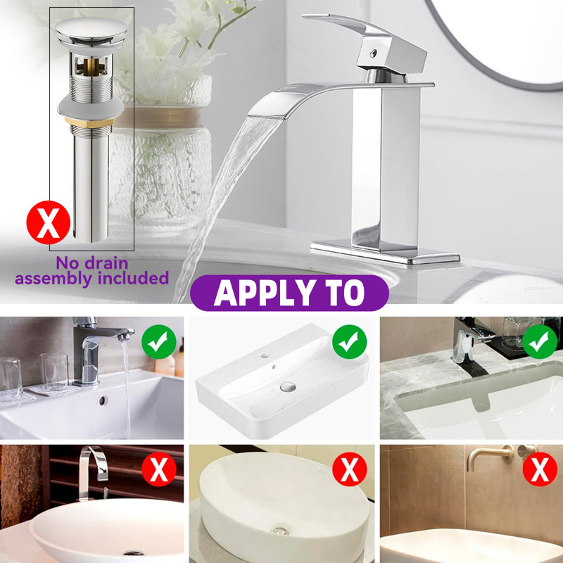 Robinet pour salle de bain avec robinet à une poignée pour 1 ou 3 trous, plaque d'alimentation et tuyau, Chrome poli