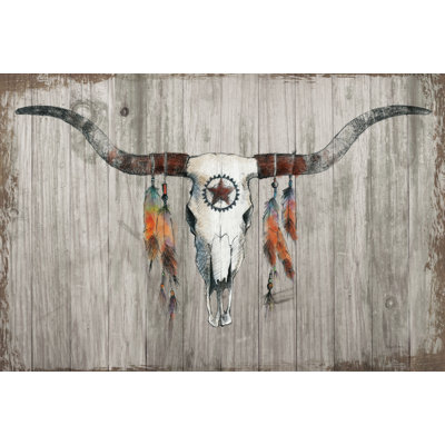 Longhorn On Dark Grey Wood by Avery Tillmon - Wrapped Canvas Art Prints