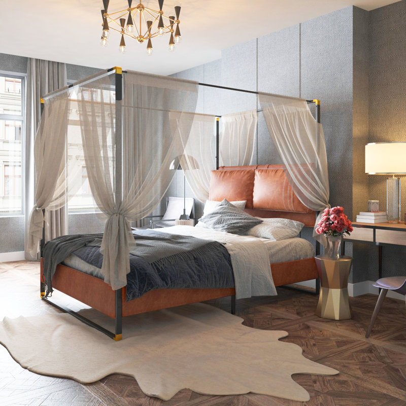 Upholstered Metal Canopy Bed, Full, Brown