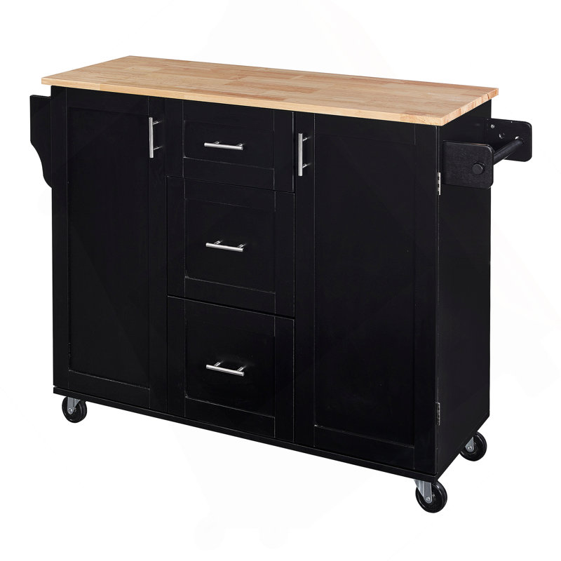 Rolling Kitchen Island With Storage, Kitchen Cart With Rubber Wood Top, Black