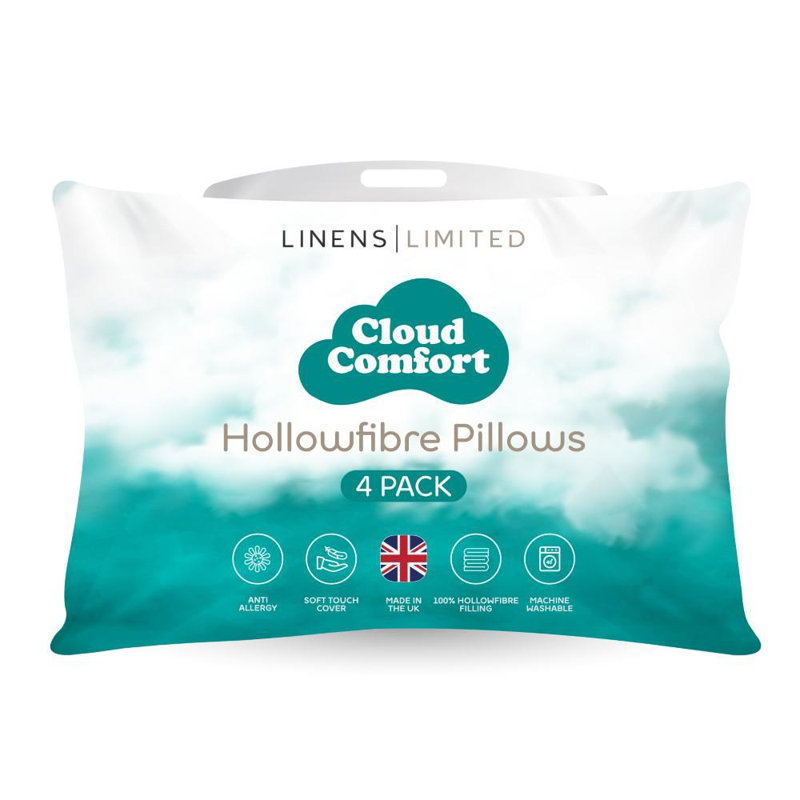 Linens Limited Soft Pillows, Made in the UK, Cloud Comfort, Soft and Firm with Orthopedic Support, Non-Allergenic Polycotton Polyester Hollowfibre, Machine Washable - Pack of 4