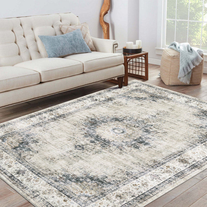Machine Washable Rugs Oriental Floral Non-Slip Low Pile Rubber Backing Area Rug for Living Room Bedroom Kitchen Dining Room