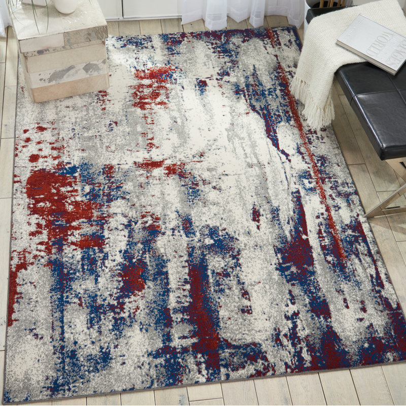 Heffernan Abstract Ivory/Blue/Red Rug, Rectangle 5'3" x 7'3"