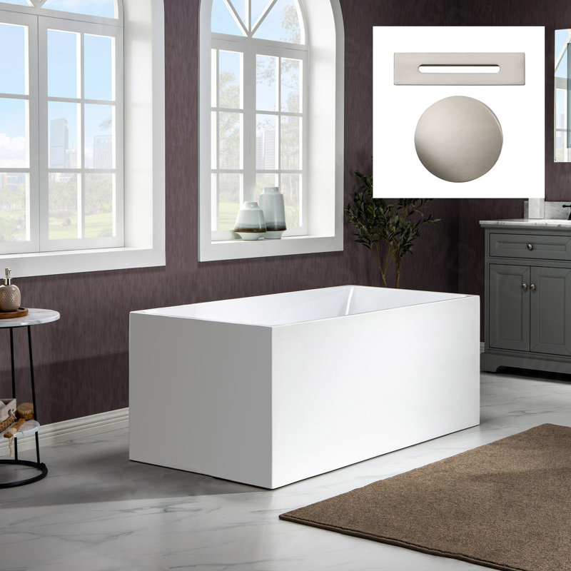 Baignoire de trempage autoportante rectangulaire en acrylique avec drain réversible 59 "x 29", Blanc / nickel brossé