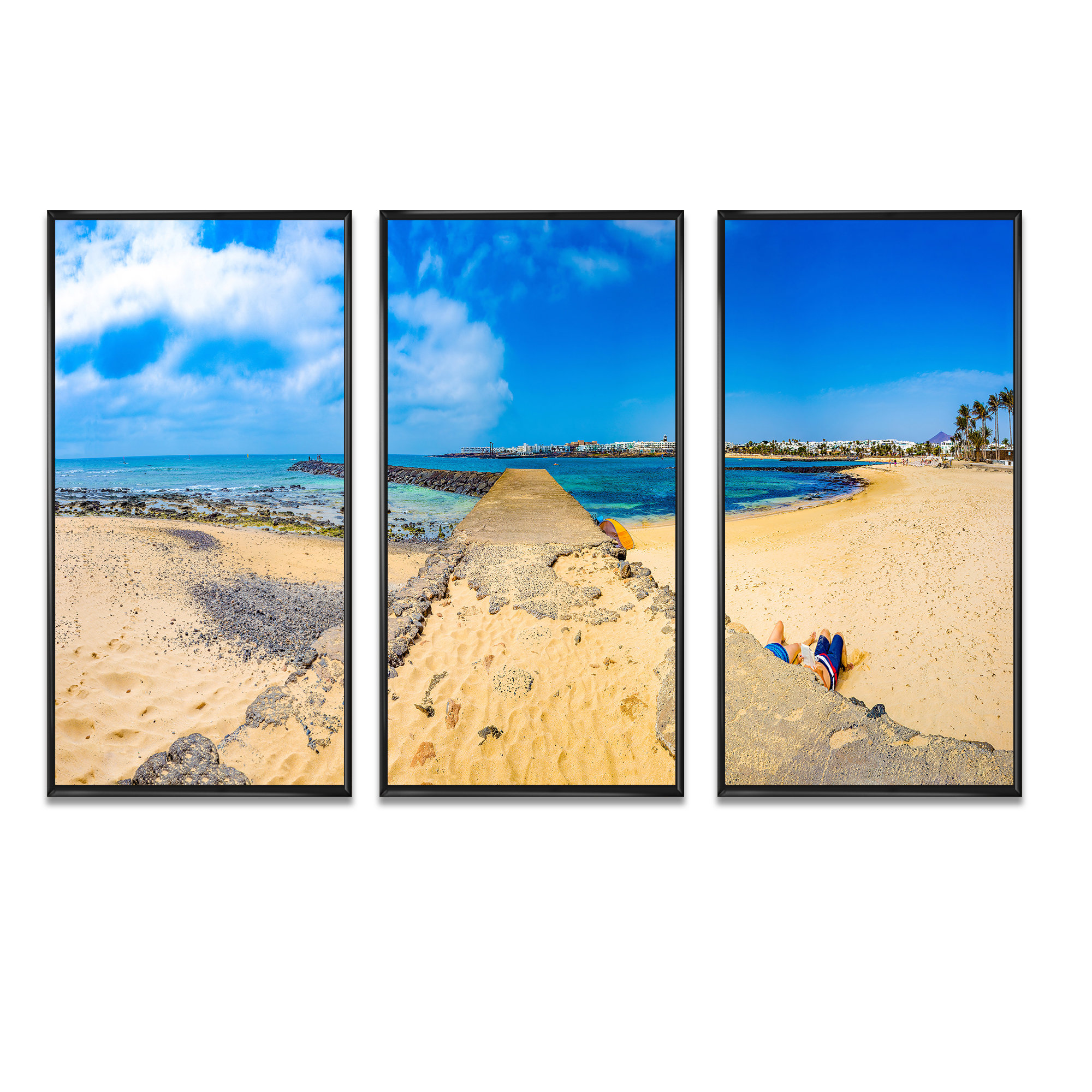 Spanish Beach View Landscape in Lanzarote - 3 Piece Picture Frame Print On Canvas Highland Dunes Format: Black Framed, Size: 20 H x 36 W x 1 D