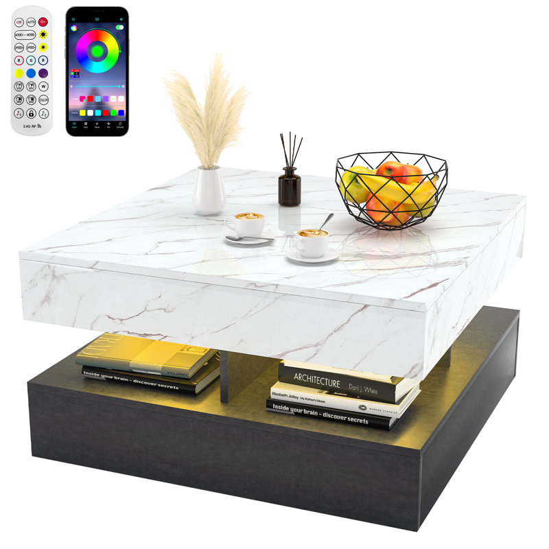 Square LED Coffee Table for Living Room, 2-Tier Centre Table with Plug-in LED Light
