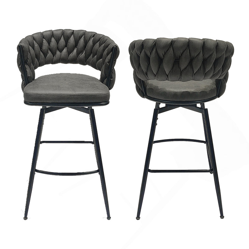 Ensemble de 2 tabourets de bar 28 po en cuir tressé en cuir technique avec pieds noirs, pas d'îlot de cuisine réglable, 360 tabourets de bar pivotants avec repose-pieds à dossier (brun clair)