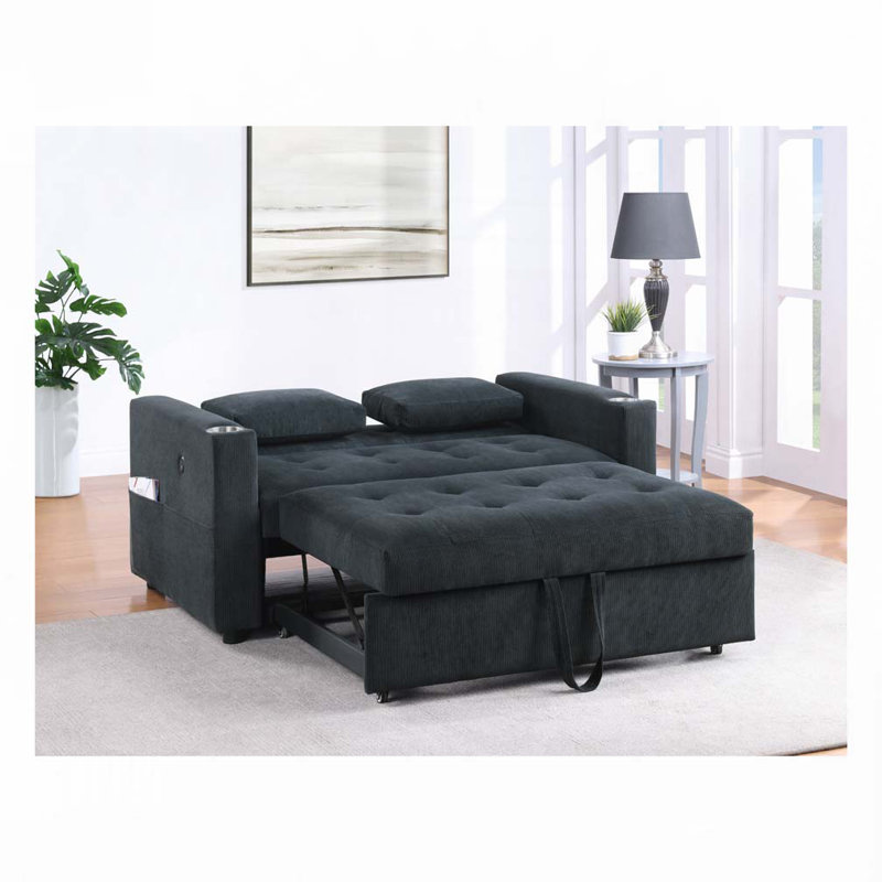 Causeuse convertible en velours côtelé avec porte-gobelets, ports USB, Noir