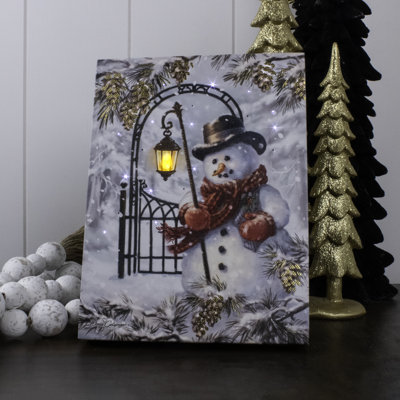 White Gold Snowman 8X6 Lighted Tabletop Canvas