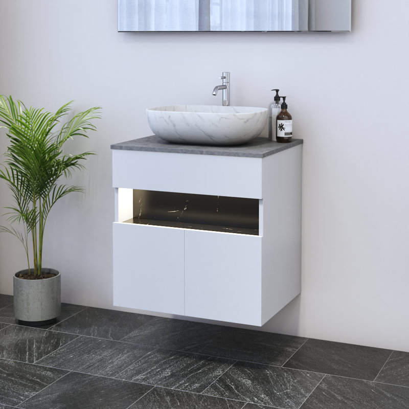 Meuble-lavabo simple avec comptoir 23,6 po Lieke, Béton, Blanc