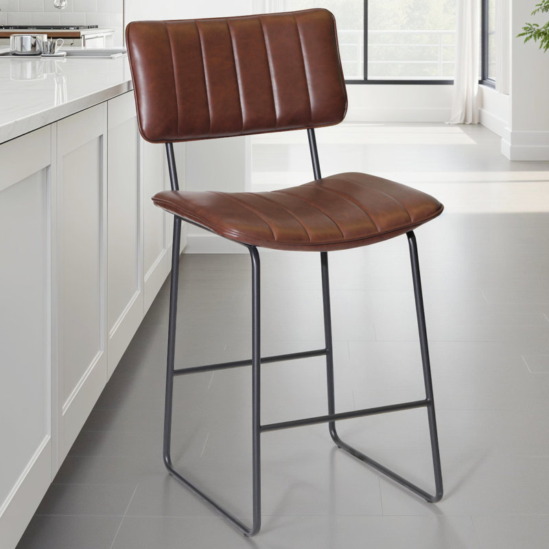 Andoche Faux Leather Iron Frame Upholstered Stool, Counter Stool (24" Seat Height), Cordovan