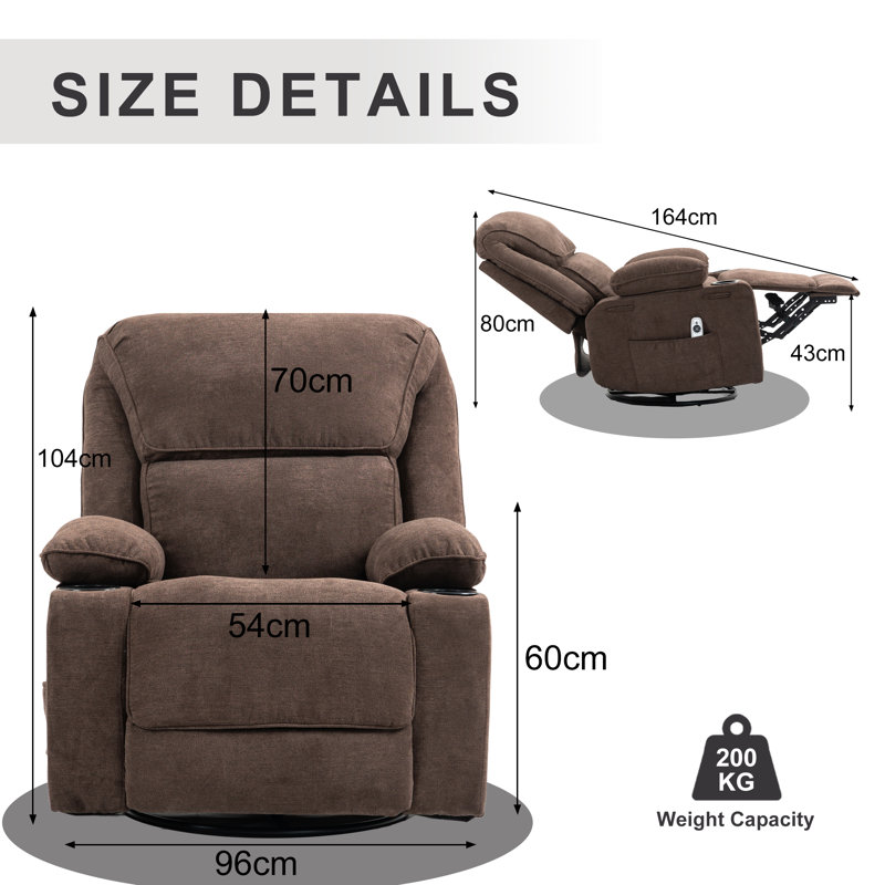 Modern Heated Massage Chair Swivel Rocker Recliner with Cup Holders, Brown