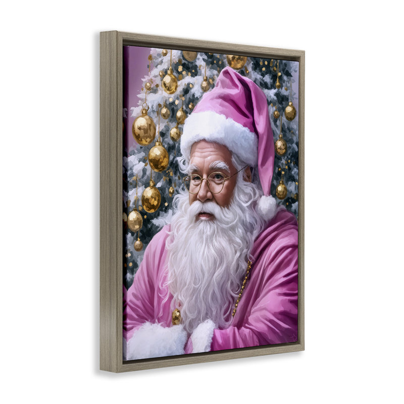 Père Noël traditionnel dans un cadre flottant rose, design par Tabz Jones, H 21 po x l 17 po, Cadre flottant orme Montalcino