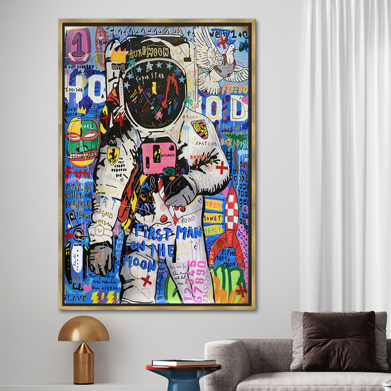 Art moderne sur toile, art mural moderne pour les passionnés de l'espace, H 35 cm x l 25 cm, Cadre flottant doré