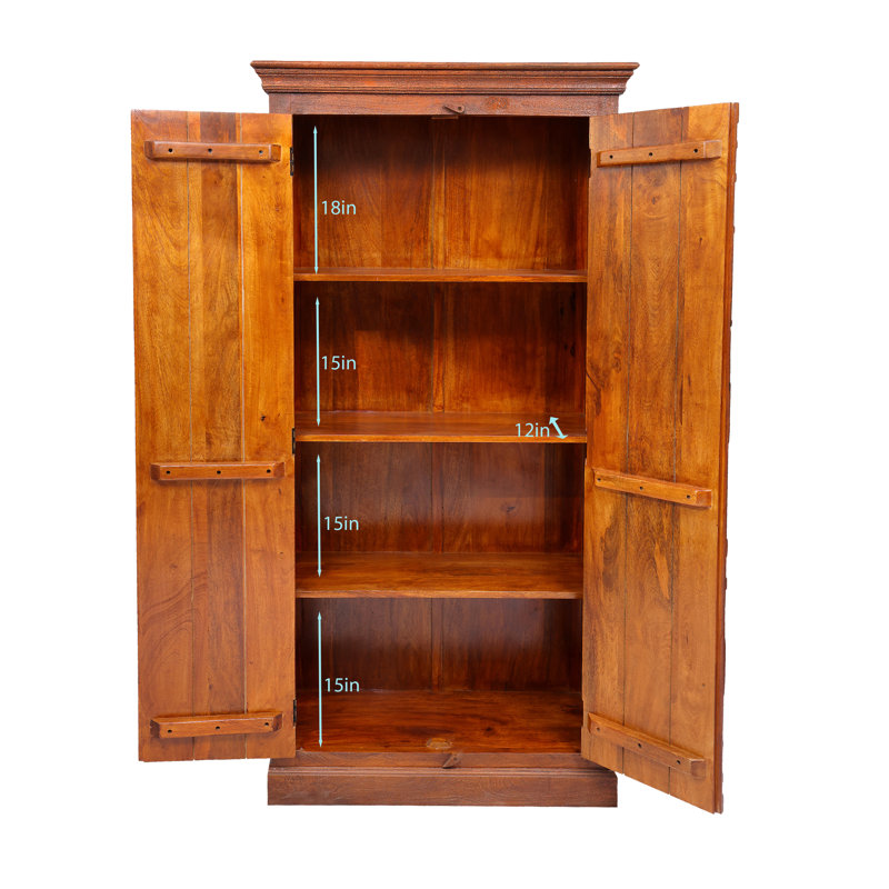 Armoire Cameren Brown Antique en bois massif sculpté à la main, à deux portes, motif paon, Brun