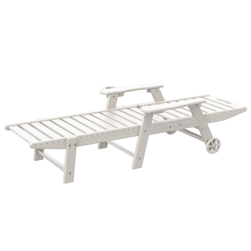 Outdoor HDPE Reclining Lounge Chaise With Wheels & Cup Holder, White