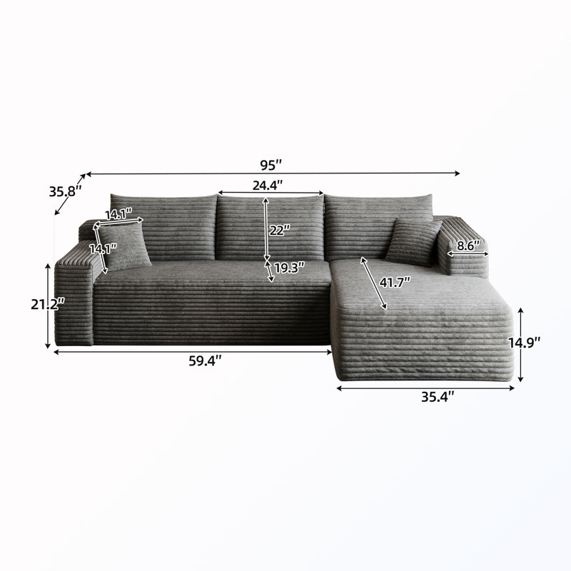 Canapé modulaire en U rembourré, Dark Gray Corduroy, Right Hand Facing