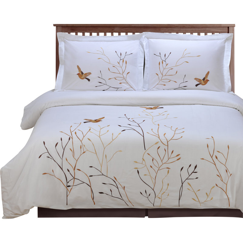 Full/Queen White and Brown Cotton Embroidered Duvet Cover Set