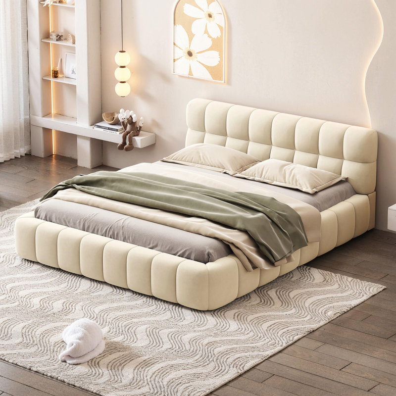 Grand lit plateforme tapissier avec tissu épais, Beige