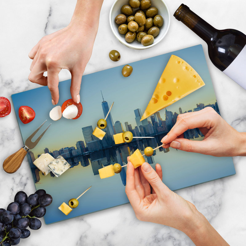 Ambesonne NYC Cutting Board Large Size Manhattan Skyline Reflection Multicolor