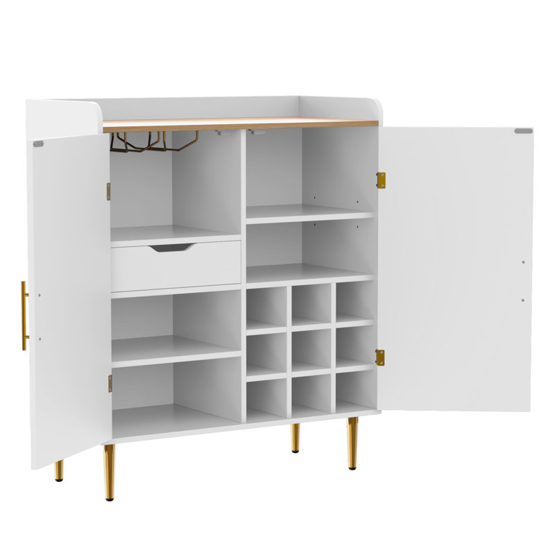 Fluted Modern Coffee Bar Cabinet with 9-Grid Wine Rack, Hidden Drawer and Adjustable Shelves, White