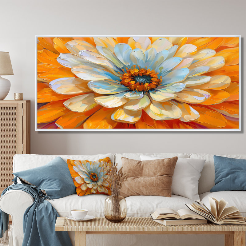 Blanc, pissenlit, orange, rayonnant, fleur, pissenlit, art mural, salon, Cadre flottant blanc, H 28 po x l 60 po